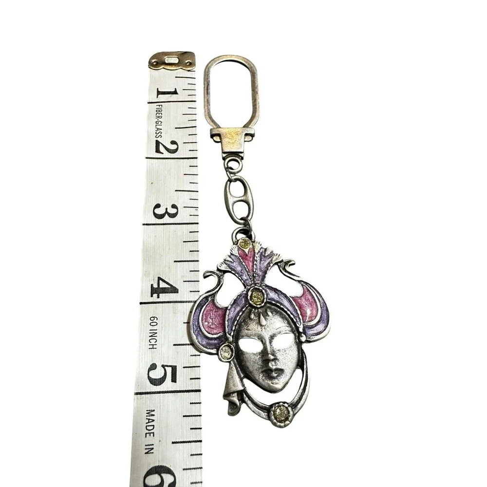 Italy METAL keychain Or Bag Charm CARNIVAL MASK Purple/Pink, Rhinestones